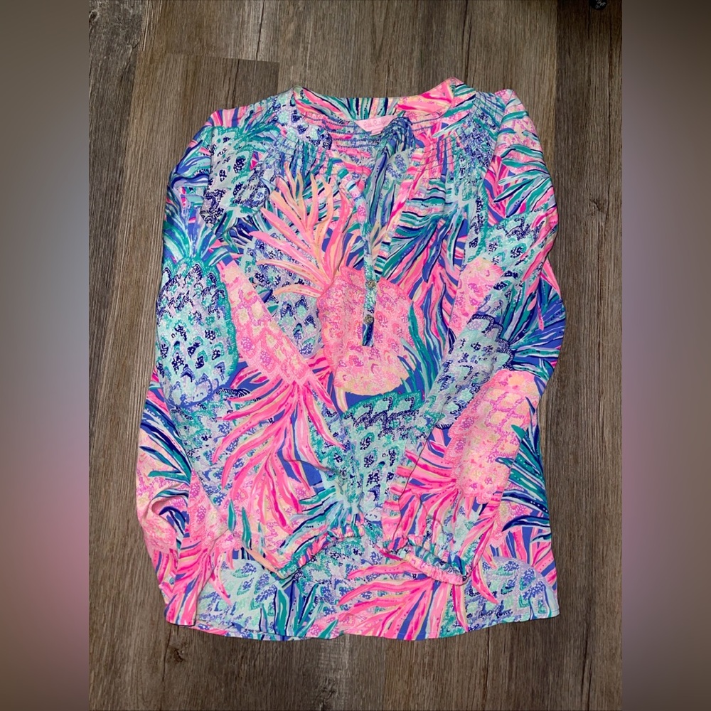 SOLD Lilly Pulitzer Floral Silk Colorful Bright Blouse Sz M